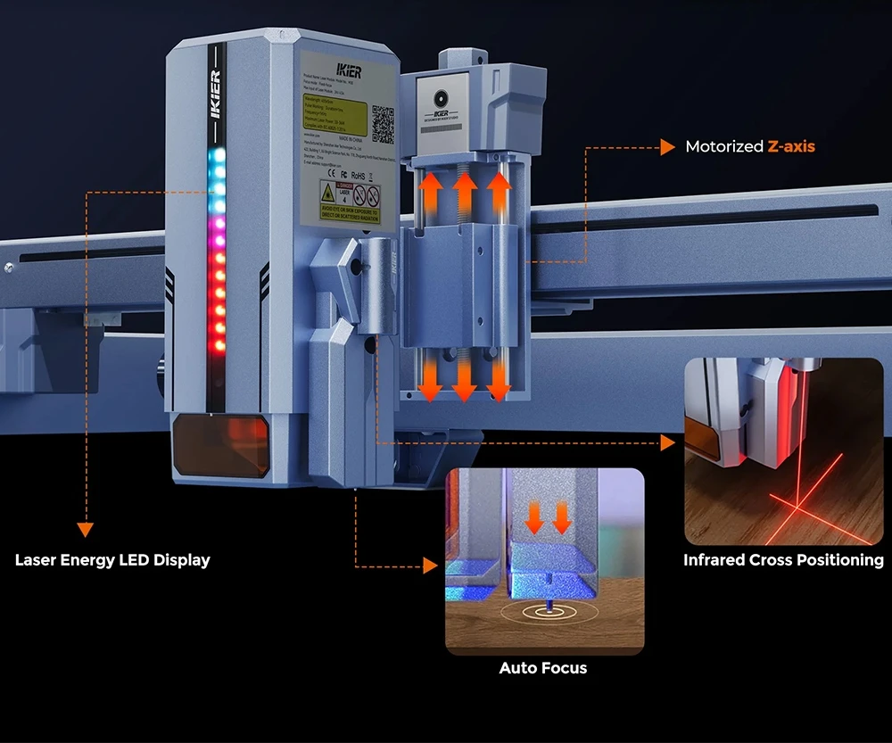 Graveur laser IKIER K1 Ultra 36 W, zone de travail 410 mm × 410 mm, vitesse 800 mm/s, point laser 0,08 mm × 0,1 mm, précision 0,01 mm, mise au point automatique, enfonçage automatique et découpe en une seule passe