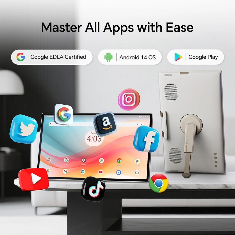 Moniteur portable tactile KTC A25Q5 de 24,5 pouces, écran IPS 60 Hz 1920 x 1080, Google EDLA, Android 14, 8 Go + 128 Go, caméra 8 MP, haut-parleurs 2 x 8 W + 2 x 4 W, jusqu'à 8 heures d'autonomie, faible lumière bleue, partage d'écran, angle de rotation de 0 à 45° et angle de pivotement de 90°.