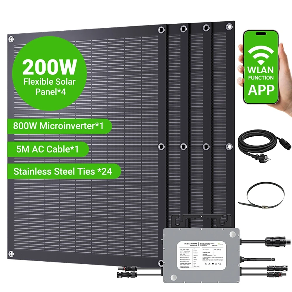 LIONSHEE LS-PV800Mi 800W Flexible Solar Kit, 4×200W Panels + 1 Microinverter, 23.5% Efficiency, IP67 Waterproof, 5m AC Cable, Plug-and-Play for Balcony & RV