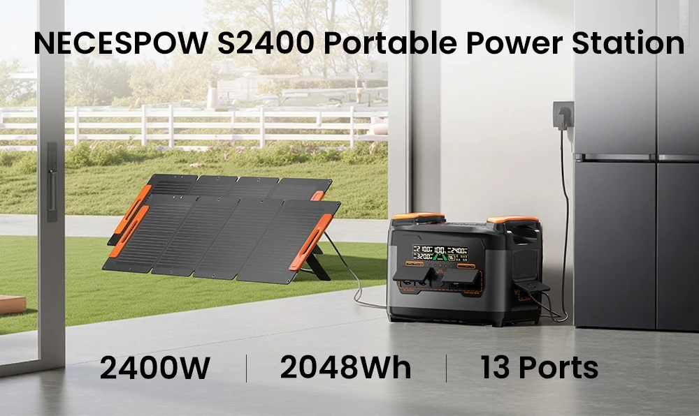 NECESPOW S2400 Station d’Alimentation Portable, Sortie 2400W, Batterie LiFePO₄ 2048Wh, 13 Ports, Charge Rapide 1,5H, Sauvegarde UPS 20ms, Contrôle via App, pour Plein Air/Camping/Usage Domestique