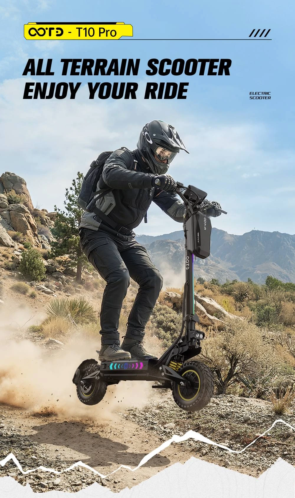 Trotinetă electrică OOTD T10 Pro, 2 motoare de 1300 W, baterie de 52 V și 23,4 Ah, anvelope de 11 inch, viteză maximă de 65 km/h, autonomie de 70 km, frâne hidraulice cu disc, suspensie cu arc
