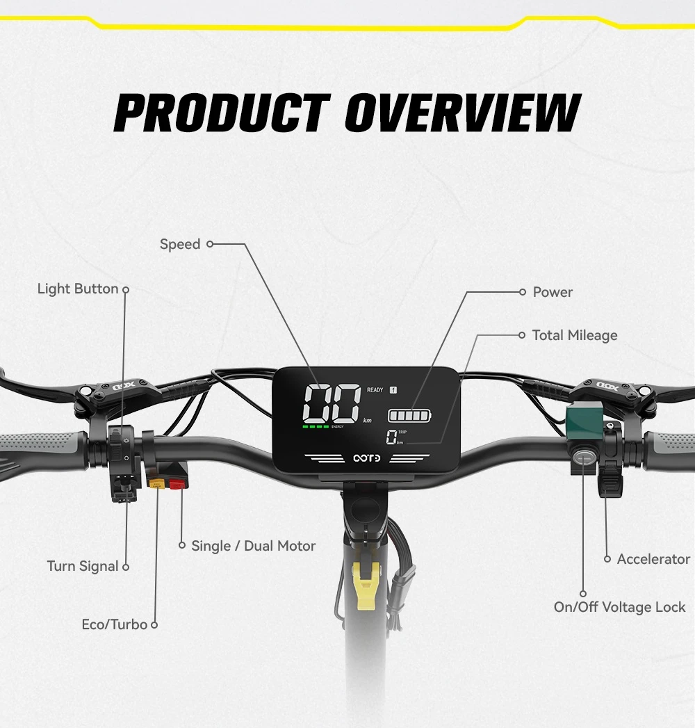 Trotinetă electrică OOTD T10 Pro, 2 motoare de 1300 W, baterie de 52 V și 23,4 Ah, anvelope de 11 inch, viteză maximă de 65 km/h, autonomie de 70 km, frâne hidraulice cu disc, suspensie cu arc