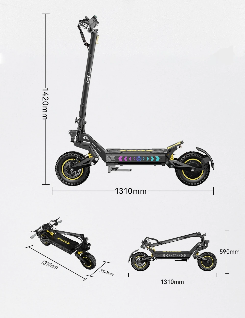 Trotinetă electrică OOTD T10 Pro, 2 motoare de 1300 W, baterie de 52 V și 23,4 Ah, anvelope de 11 inch, viteză maximă de 65 km/h, autonomie de 70 km, frâne hidraulice cu disc, suspensie cu arc