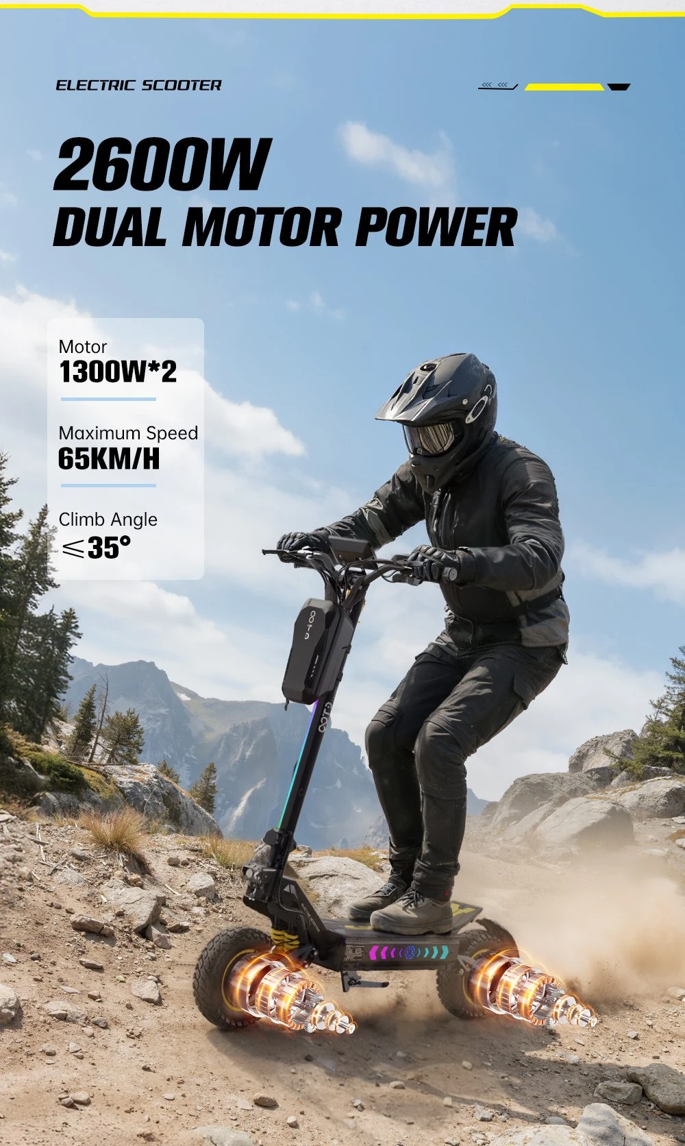 Trotinetă electrică OOTD T10 Pro, 2 motoare de 1300 W, baterie de 52 V și 23,4 Ah, anvelope de 11 inch, viteză maximă de 65 km/h, autonomie de 70 km, frâne hidraulice cu disc, suspensie cu arc