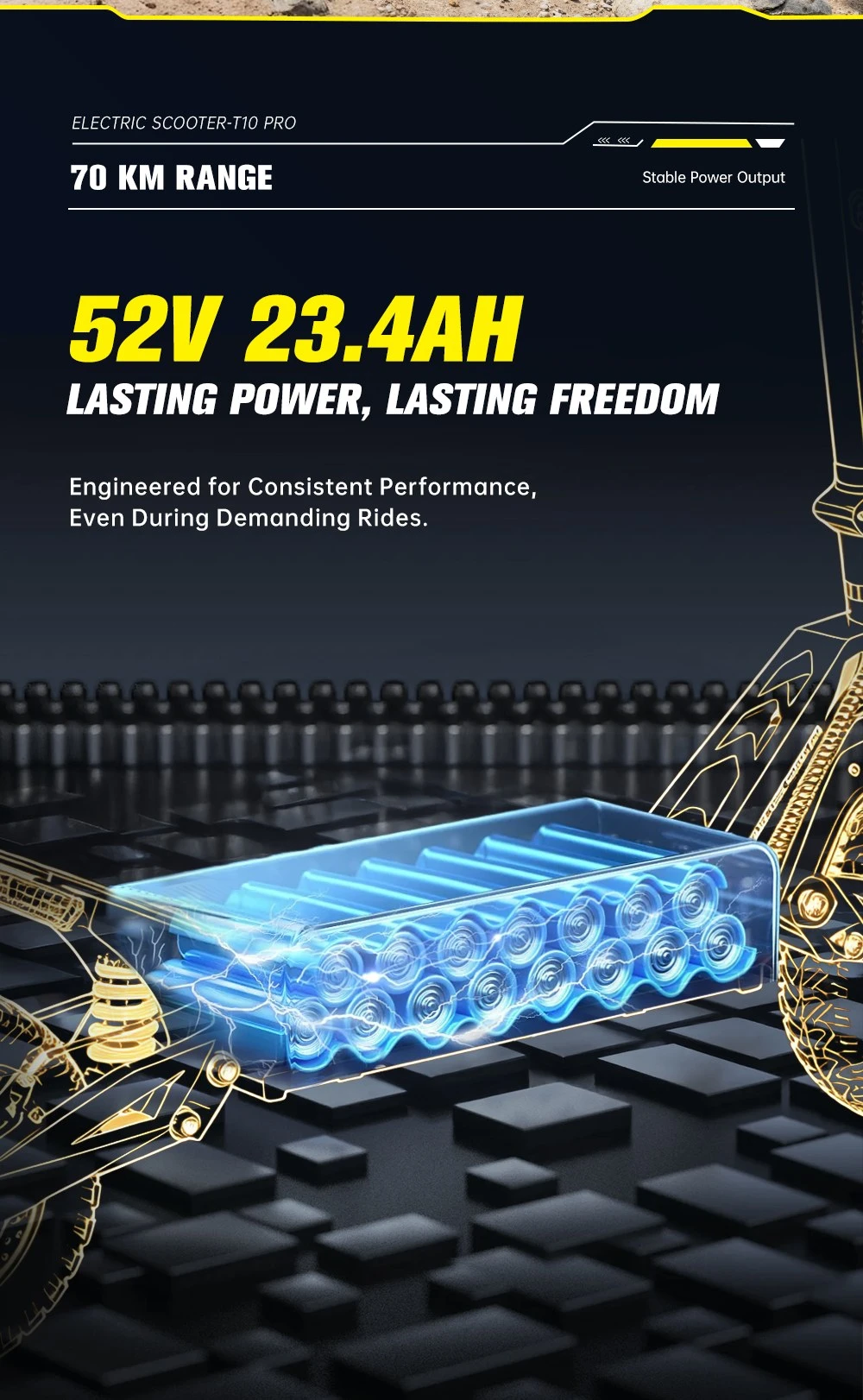 Trotinetă electrică OOTD T10 Pro, 2 motoare de 1300 W, baterie de 52 V și 23,4 Ah, anvelope de 11 inch, viteză maximă de 65 km/h, autonomie de 70 km, frâne hidraulice cu disc, suspensie cu arc