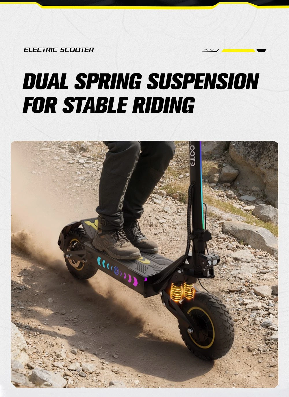 Trotinetă electrică OOTD T10 Pro, 2 motoare de 1300 W, baterie de 52 V și 23,4 Ah, anvelope de 11 inch, viteză maximă de 65 km/h, autonomie de 70 km, frâne hidraulice cu disc, suspensie cu arc
