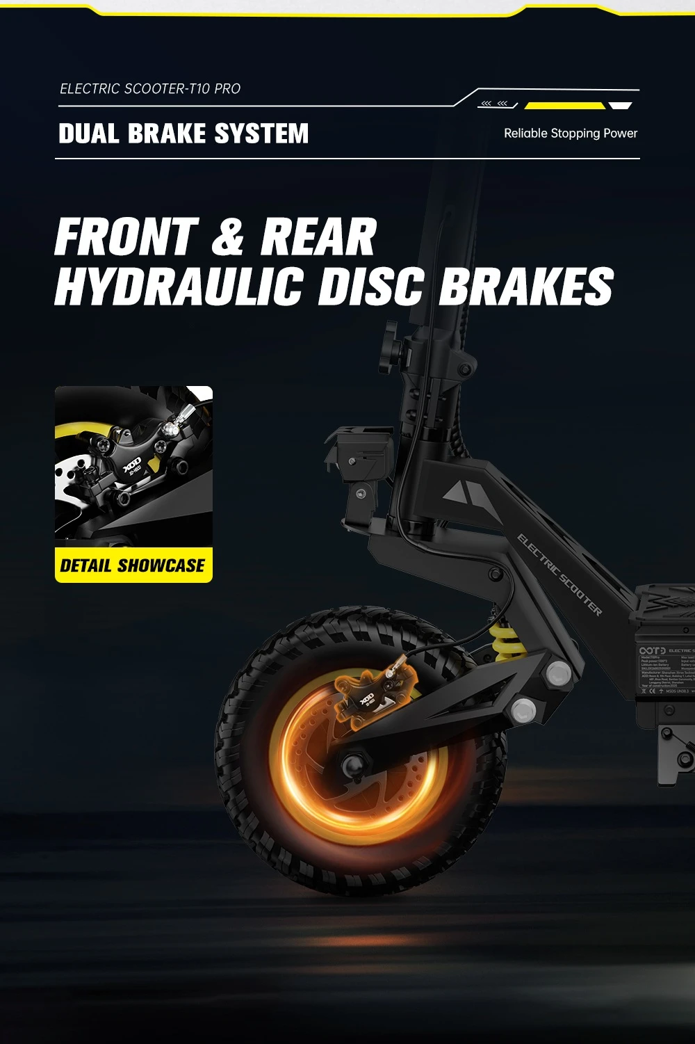 Trotinetă electrică OOTD T10 Pro, 2 motoare de 1300 W, baterie de 52 V și 23,4 Ah, anvelope de 11 inch, viteză maximă de 65 km/h, autonomie de 70 km, frâne hidraulice cu disc, suspensie cu arc