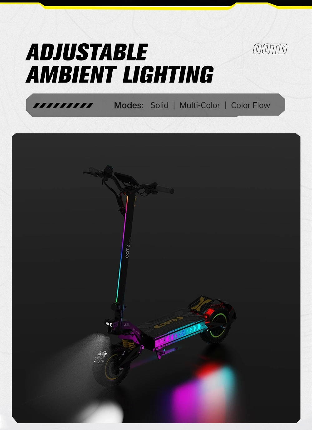 Trotinetă electrică OOTD T10 Pro, 2 motoare de 1300 W, baterie de 52 V și 23,4 Ah, anvelope de 11 inch, viteză maximă de 65 km/h, autonomie de 70 km, frâne hidraulice cu disc, suspensie cu arc