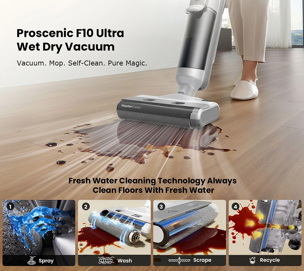 Geekbuying-Gutscheinverkauf 2026.02.03. 24 Proscenic F10 Ultra 3-in-1 Akku-Staubsauger, Nass- und Trockenreinigung, 60 Minuten Laufzeit, 1,3 Liter Doppel-Wassertank, LED-Display, Selbstreinigungsfunktion und 3 Saugmodi