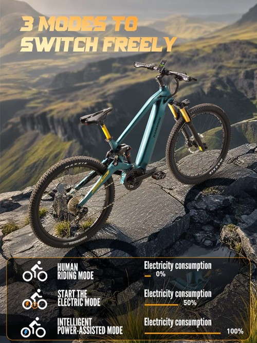 Vélo électrique RANDRIDE MX500, moteur central de 500 W, batterie 48 V 15 Ah, pneus de 27,5 pouces, vitesse maximale de 45 km/h, autonomie maximale de 150 km, freins hydrauliques, fourche avant à air, transmission Shimano à 9 vitesses