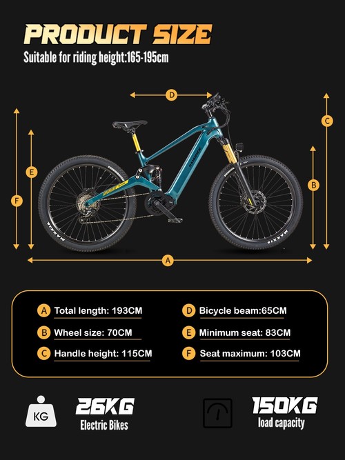 Vélo électrique RANDRIDE MX500, moteur central de 500 W, batterie 48 V 15 Ah, pneus de 27,5 pouces, vitesse maximale de 45 km/h, autonomie maximale de 150 km, freins hydrauliques, fourche avant à air, transmission Shimano à 9 vitesses