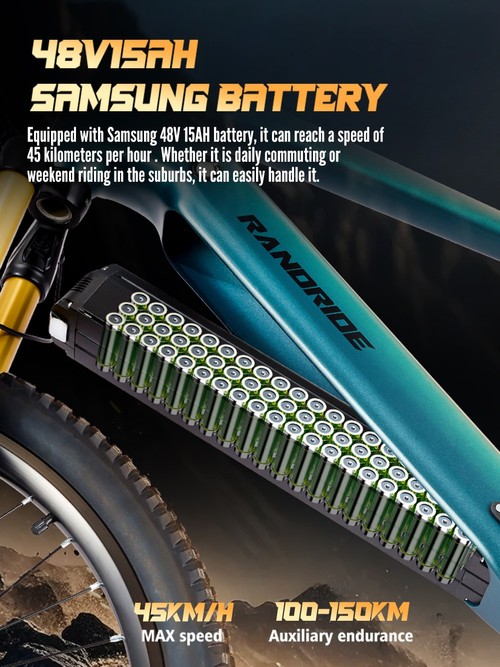 Vélo électrique RANDRIDE MX500, moteur central de 500 W, batterie 48 V 15 Ah, pneus de 27,5 pouces, vitesse maximale de 45 km/h, autonomie maximale de 150 km, freins hydrauliques, fourche avant à air, transmission Shimano à 9 vitesses