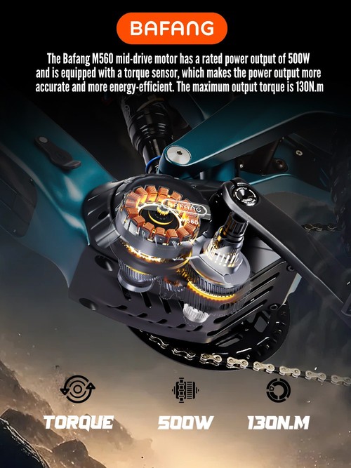 Vélo électrique RANDRIDE MX500, moteur central de 500 W, batterie 48 V 15 Ah, pneus de 27,5 pouces, vitesse maximale de 45 km/h, autonomie maximale de 150 km, freins hydrauliques, fourche avant à air, transmission Shimano à 9 vitesses