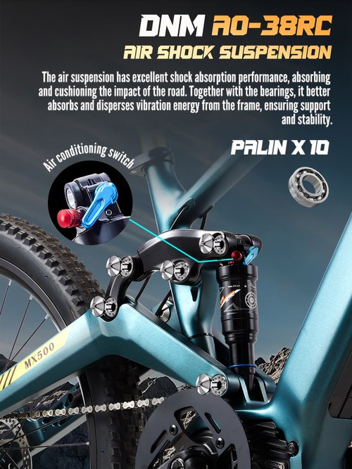 Vélo électrique RANDRIDE MX500, moteur central de 500 W, batterie 48 V 15 Ah, pneus de 27,5 pouces, vitesse maximale de 45 km/h, autonomie maximale de 150 km, freins hydrauliques, fourche avant à air, transmission Shimano à 9 vitesses