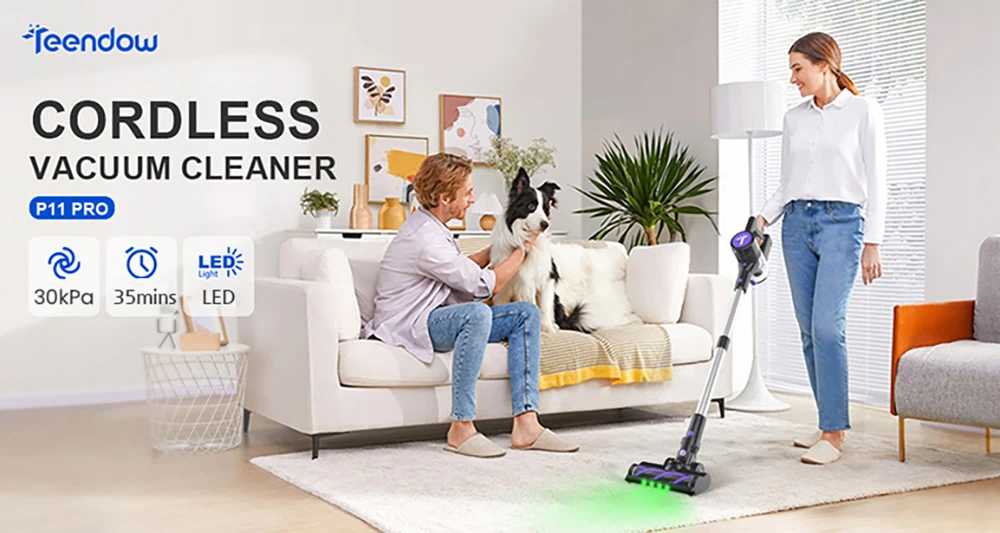 Aspirateur sans fil Teendow P11 Pro, aspiration puissante de 30 kPa, autonomie de 35 minutes, témoin lumineux vert de détection de poussière, bac à poussière de 450 ml, nettoyage ultra-silencieux