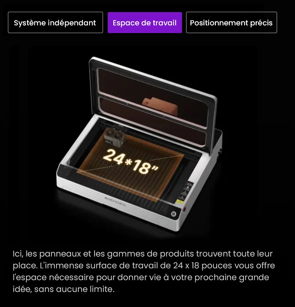 Aliencell X1 40W Graveur laser à diode de bureau + Air Assist Pro, Vitesse 600 mm/s, Spot 0,08×0,1 mm, Zone de travail 610×477 mm, Caméra autofocus double 8MP, Écran tactile autonome, Prise en charge de 300+ matériaux et formats de fichiers