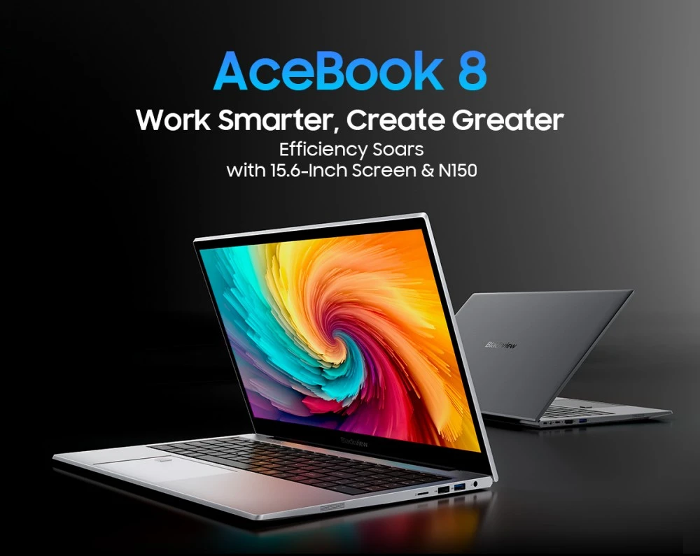 لابتوب بلاكفيو إيس بوك 8، شاشة IPS مقاس 15,6 بوصة بدقة 1920*1080، معالج Intel N150 رباعي النواة بتردد يصل إلى 3,6 جيجاهرتز، ذاكرة وصول عشوائي 16 جيجابايت، قرص صلب SSD بسعة 512 جيجابايت، واي فاي ثنائي النطاق، بلوتوث 5.0، منفذان USB 3.0، منفذ USB 2.0، منفذ USB-C، منفذ HDMI 2.0، منفذ صوت، منفذ بطاقة microSD، بطارية 38 واط/ساعة، شحن 36 واط