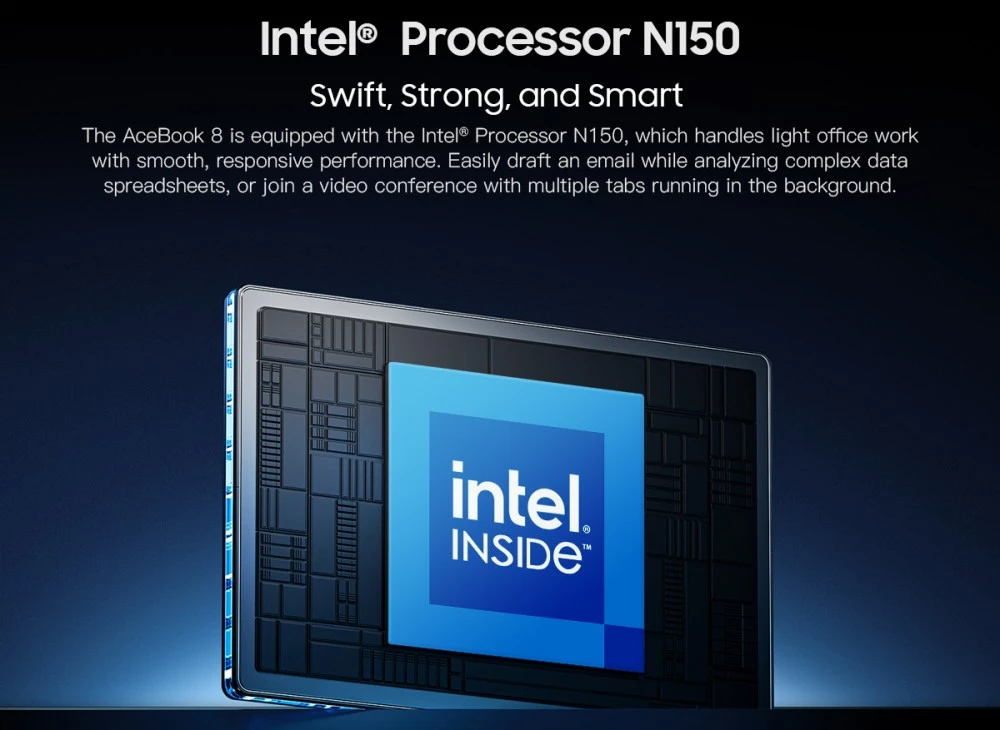 لابتوب بلاكفيو إيس بوك 8، شاشة IPS مقاس 15,6 بوصة بدقة 1920*1080، معالج Intel N150 رباعي النواة بتردد يصل إلى 3,6 جيجاهرتز، ذاكرة وصول عشوائي 16 جيجابايت، قرص صلب SSD بسعة 512 جيجابايت، واي فاي ثنائي النطاق، بلوتوث 5.0، منفذان USB 3.0، منفذ USB 2.0، منفذ USB-C، منفذ HDMI 2.0، منفذ صوت، منفذ بطاقة microSD، بطارية 38 واط/ساعة، شحن 36 واط