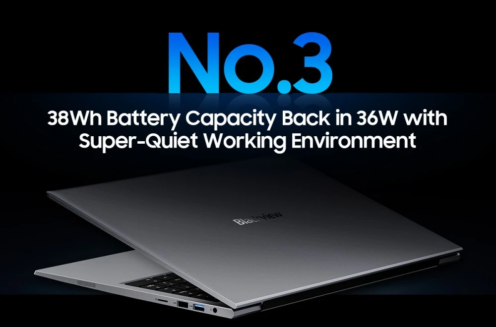 لابتوب بلاكفيو إيس بوك 8، شاشة IPS مقاس 15,6 بوصة بدقة 1920*1080، معالج Intel N150 رباعي النواة بتردد يصل إلى 3,6 جيجاهرتز، ذاكرة وصول عشوائي 16 جيجابايت، قرص صلب SSD بسعة 512 جيجابايت، واي فاي ثنائي النطاق، بلوتوث 5.0، منفذان USB 3.0، منفذ USB 2.0، منفذ USB-C، منفذ HDMI 2.0، منفذ صوت، منفذ بطاقة microSD، بطارية 38 واط/ساعة، شحن 36 واط