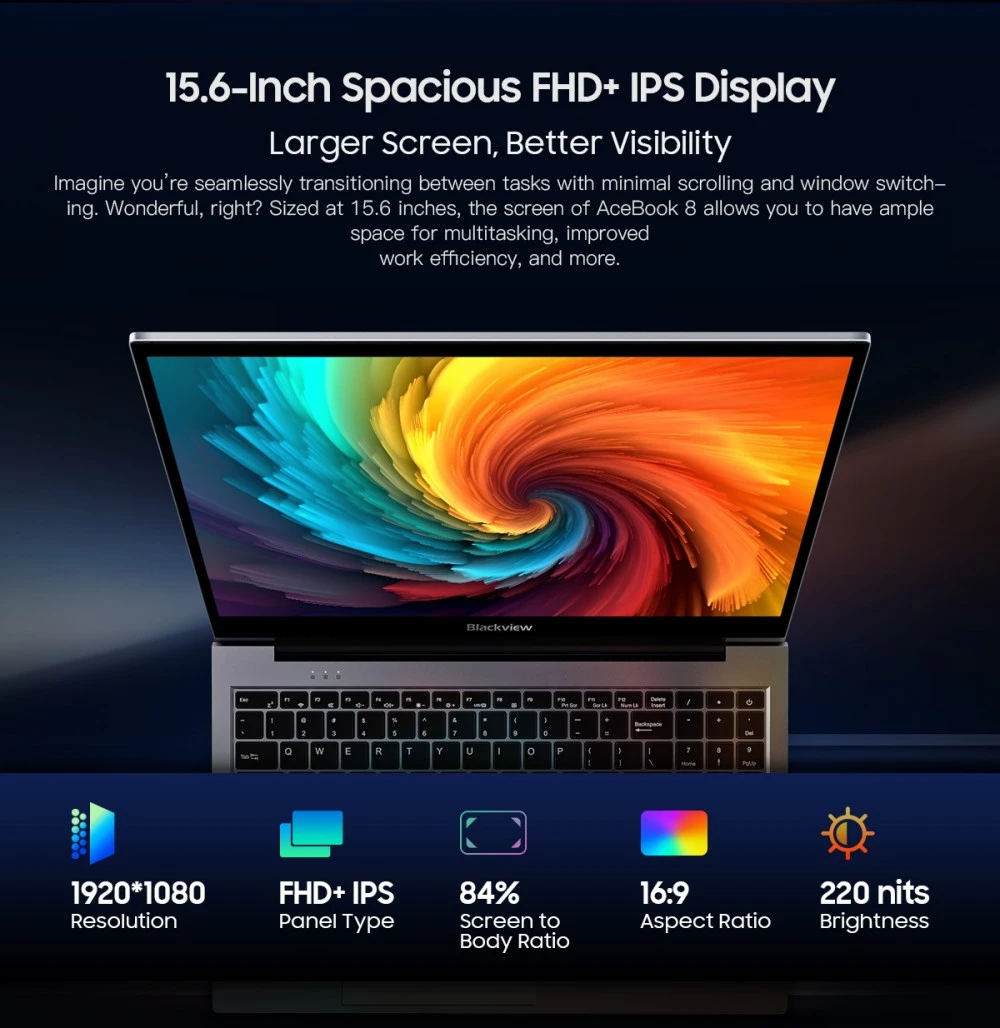 لابتوب بلاكفيو إيس بوك 8، شاشة IPS مقاس 15,6 بوصة بدقة 1920*1080، معالج Intel N150 رباعي النواة بتردد يصل إلى 3,6 جيجاهرتز، ذاكرة وصول عشوائي 16 جيجابايت، قرص صلب SSD بسعة 512 جيجابايت، واي فاي ثنائي النطاق، بلوتوث 5.0، منفذان USB 3.0، منفذ USB 2.0، منفذ USB-C، منفذ HDMI 2.0، منفذ صوت، منفذ بطاقة microSD، بطارية 38 واط/ساعة، شحن 36 واط