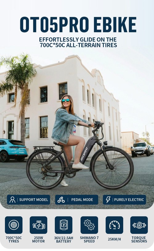 ONESPORT OT05 Pro elektrinis dviratis, 250 W variklis, 36 V 22,5 Ah akumuliatorius, 700 * 50C padangos, maksimalus greitis 25 km/h, 140 km atstumas, hidrauliniai diskiniai stabdžiai, priekinė pakaba, „Shimano“ 7 pavarų – pilkos spalvos