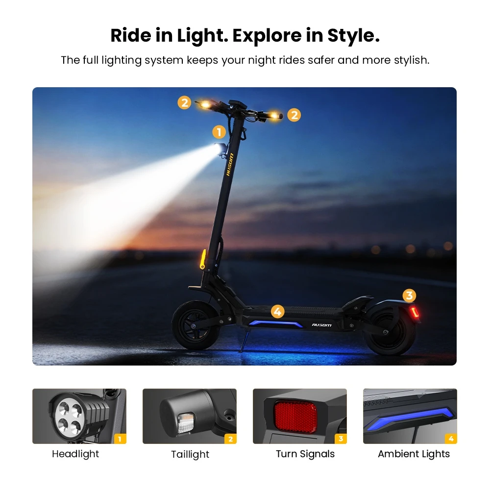 Ausom Gosoul 2 Pro Trotinette Électrique, Moteur 1000W, Batterie 48V 18Ah, Pneus 10 pouces, Vitesse maximale 20 km/h, Autonomie 90 km, Freins à disques avant et arrière, Double suspension avant, Déverrouillage NFC