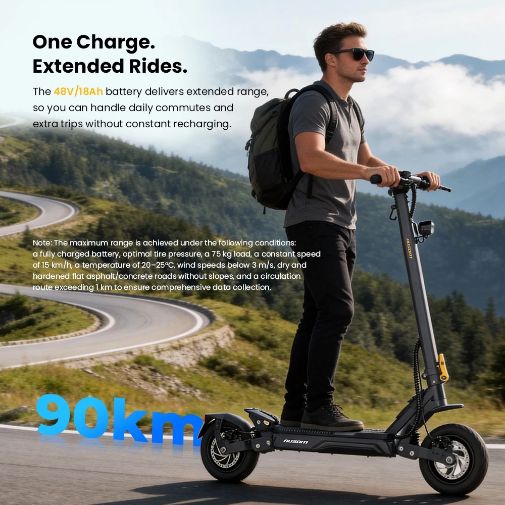 Ausom Gosoul 2 Pro Trotinette Électrique, Moteur 1000W, Batterie 48V 18Ah, Pneus 10 pouces, Vitesse maximale 20 km/h, Autonomie 90 km, Freins à disques avant et arrière, Double suspension avant, Déverrouillage NFC