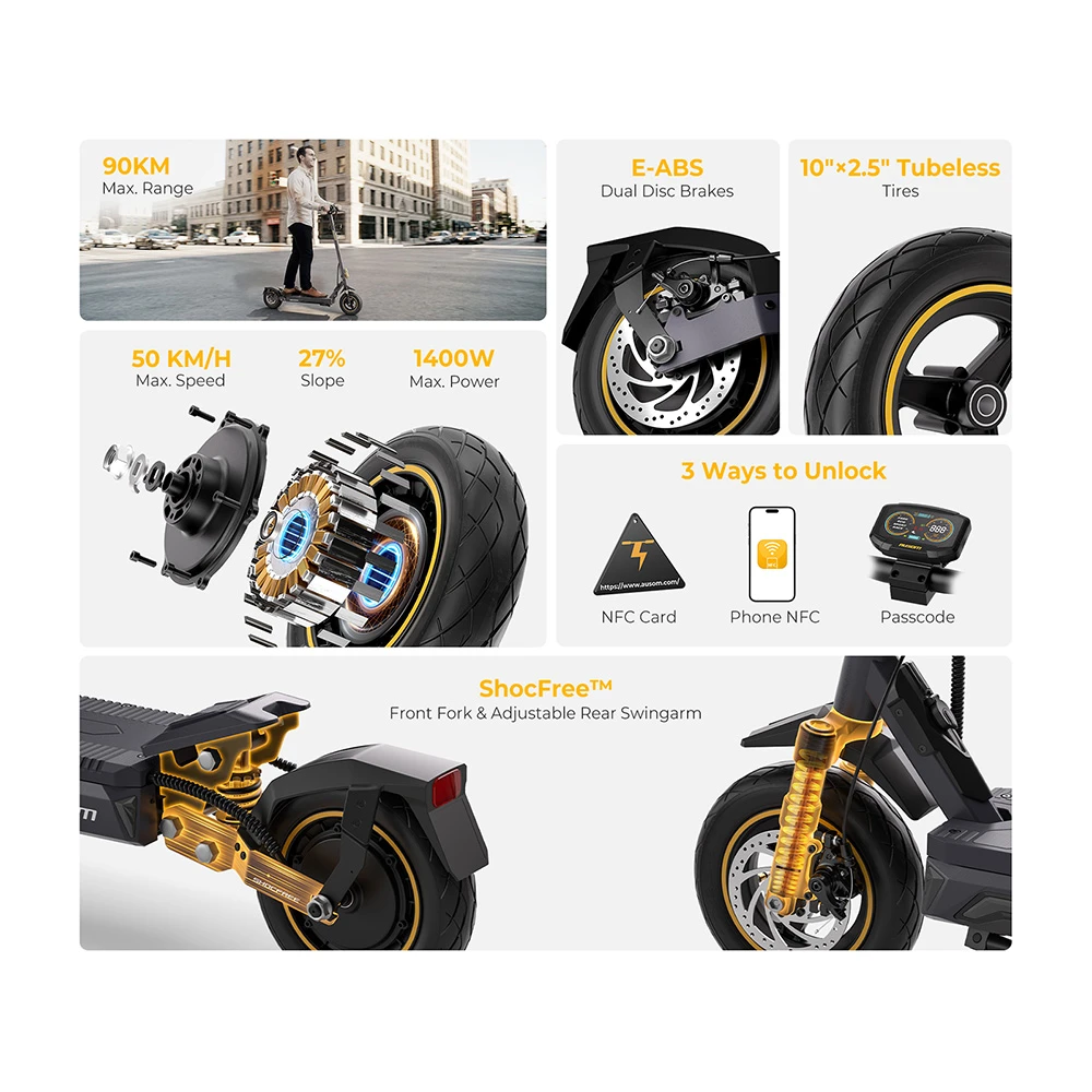 Ausom Laluz 2 Pro Trotinette Électrique, Moteur 1000W, Batterie 48V 18Ah, Pneus 10 pouces, Vitesse maximale 50 km/h, Autonomie 90 km, Freins à disques avant et arrière, Double suspension avant, Déverrouillage NFC