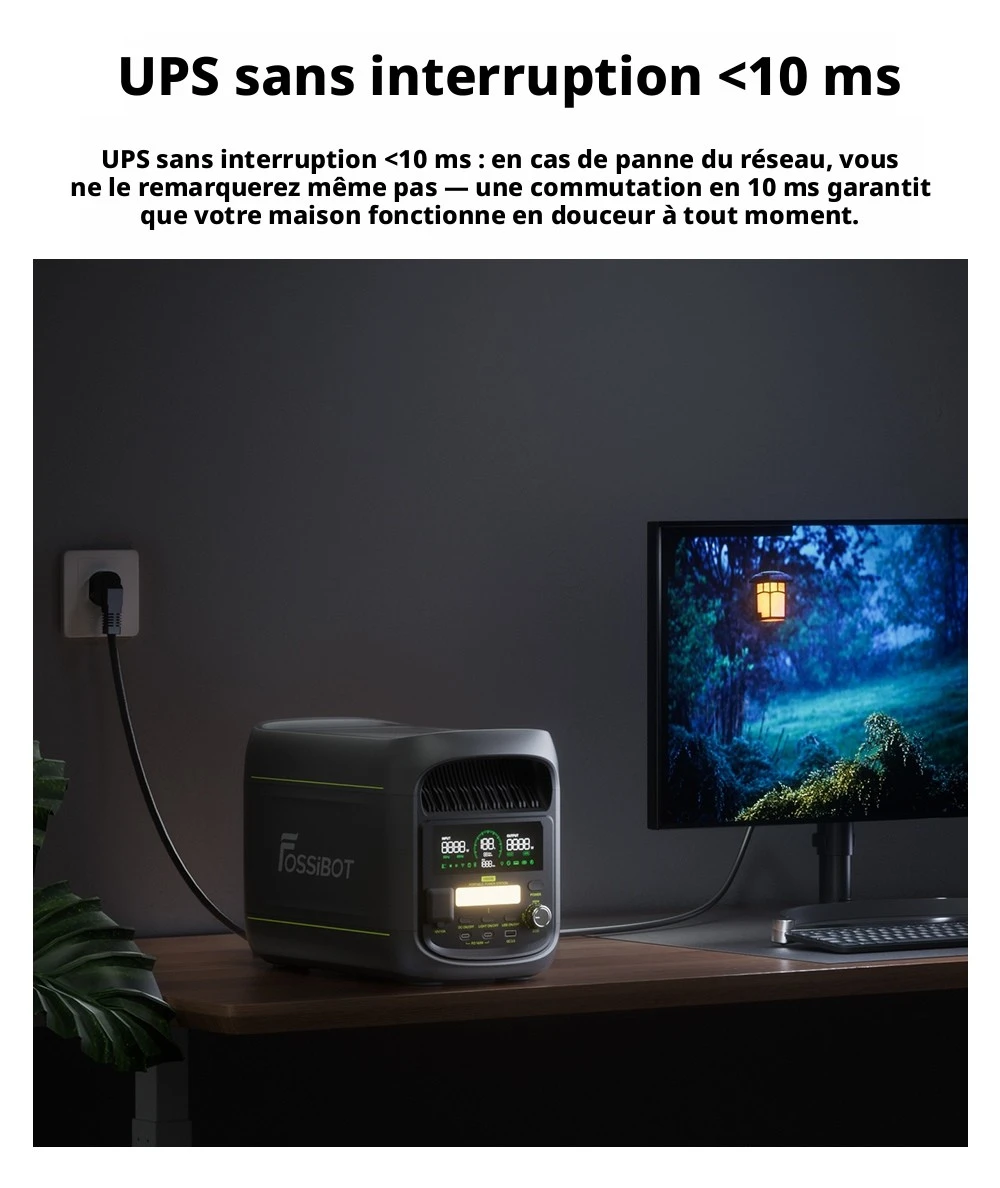 FOSSiBOT F1800 Station d'Alimentation Portable, 1024Wh LiFePO4, Sortie AC 1800W, Charge Ultra-Rapide 1200W AC & 500W Solaire, Multi-Port USB/Type-C/Voiture, Contrôle via Application, Silencieuse <10ms UPS