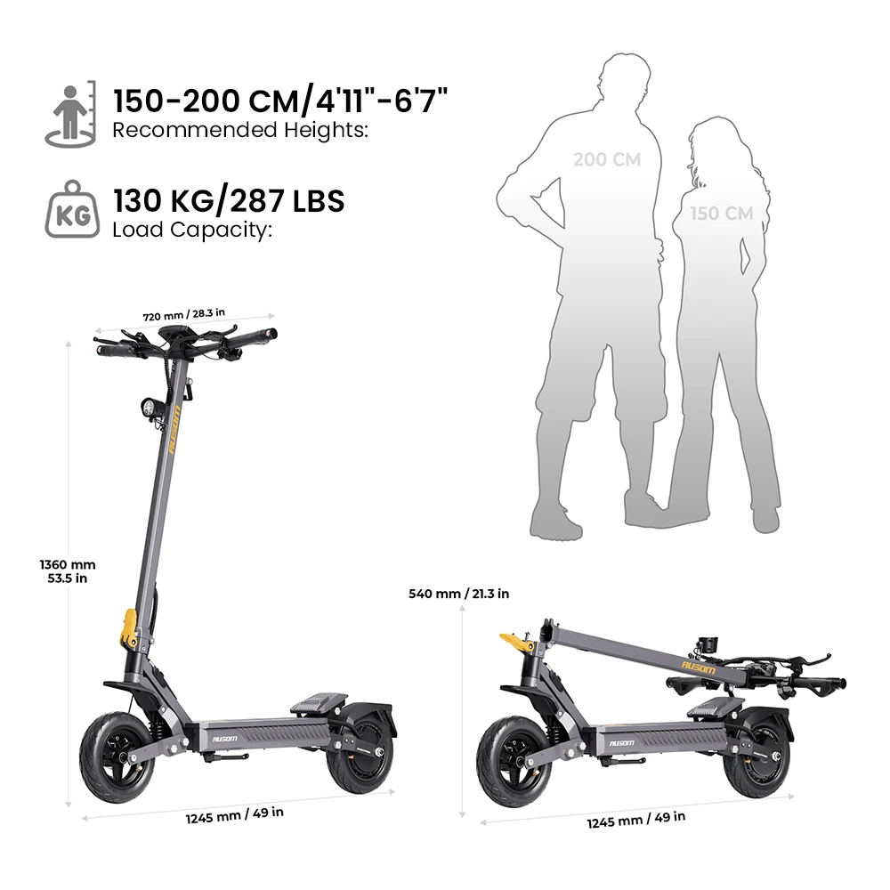 Ausom Gosoul 2 Trotinette Électrique, Moteur 800W, Batterie 48V 13Ah, Pneus de 10 pouces, Vitesse Maximale 20 km/h, Portée 70 km, Freins à Disques Avant et Arrière, Suspension Avant Double, Déverrouillage NFC