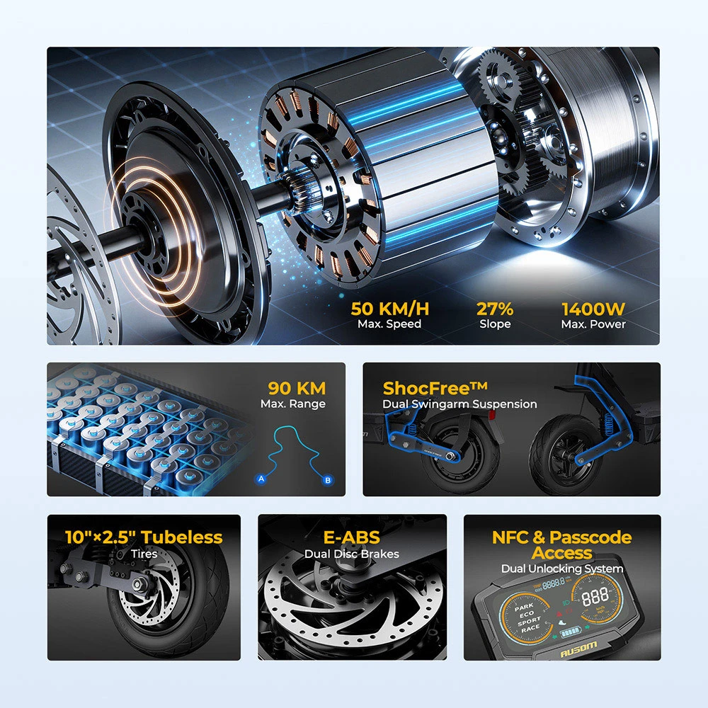 Ausom Gosoul 2 Pro Trotinette Électrique, Moteur 1000W, Batterie 48V 18Ah, Pneus 10 pouces, Vitesse maximale 50 km/h, Autonomie 90 km, Freins à disques avant et arrière, Double suspension avant, Déverrouillage NFC