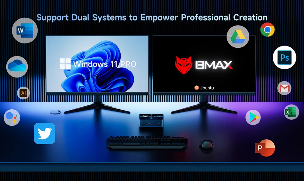 BMAX B11 Power Mini PC, Intel Core Ultra 7 155H 16 cœurs jusqu'à 4,8GHz, 24Go LPDDR5 RAM 1To SSD, Intel Arc Graphics, HDMI + DP + Type-C Tout-en-un 4K Triple Écran, 2,5G RJ45 WiFi 6 Bluetooth 5.2, AI Boost NPU