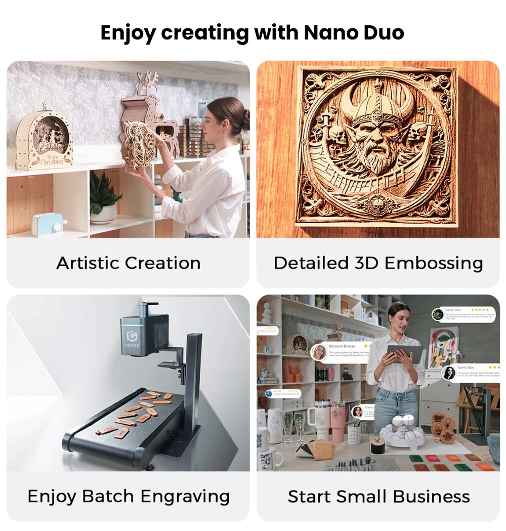 LONGER Nano Duo AI Laser Engraver, 20W Blue Diode + 2W IR Laser, 300×300mm Work Area, 10000mm/s Speed, 0.00199mm Precision, Dual-Axis Extension, 16MP AI Camera, Smart Vertical Cutting, 3D Embossing, Compatible with Wood/Metal/Acrylic/Leather
