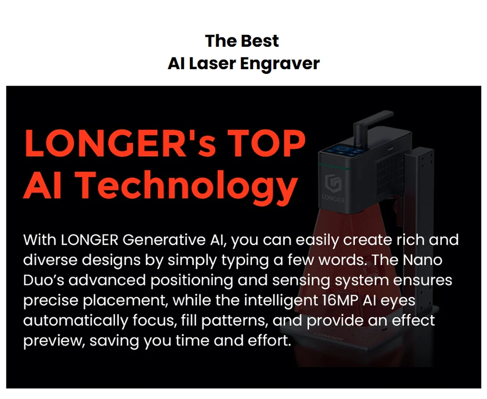 LONGER Nano Duo AI Laser Engraver, 20W Blue Diode + 2W IR Laser, 300×300mm Work Area, 10000mm/s Speed, 0.00199mm Precision, Dual-Axis Extension, 16MP AI Camera, Smart Vertical Cutting, 3D Embossing, Compatible with Wood/Metal/Acrylic/Leather