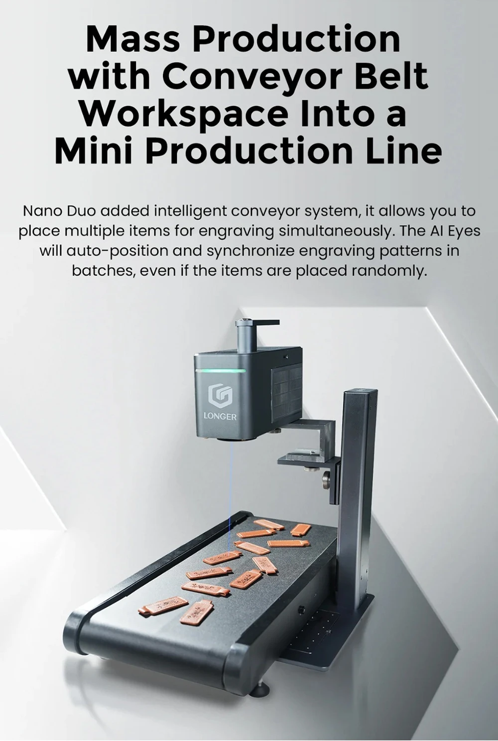 LONGER Nano Duo AI Laser Engraver, 20W Blue Diode + 2W IR Laser, 300×300mm Work Area, 10000mm/s Speed, 0.00199mm Precision, Dual-Axis Extension, 16MP AI Camera, Smart Vertical Cutting, 3D Embossing, Compatible with Wood/Metal/Acrylic/Leather
