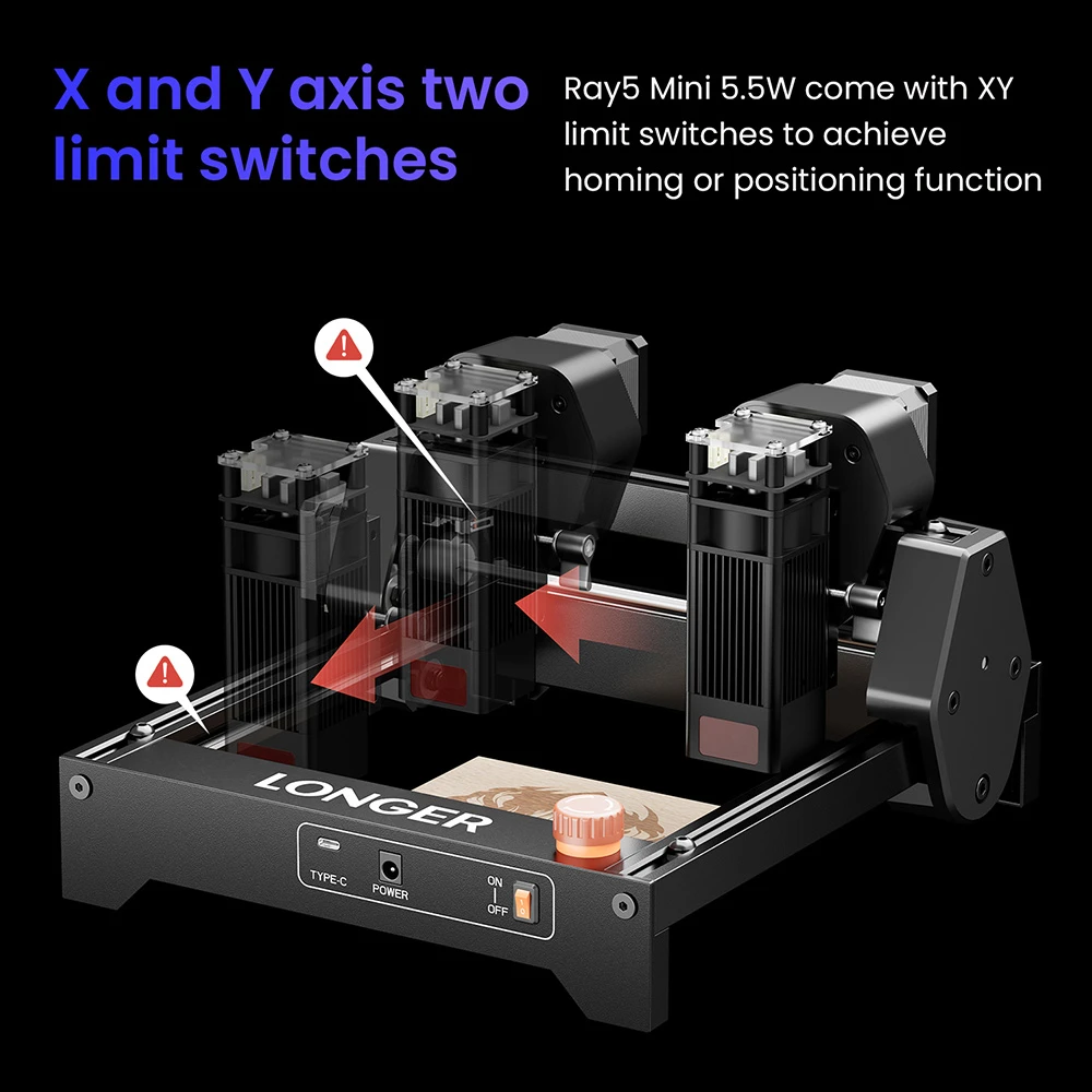 Graveur laser LONGER Ray5 Mini 5,5 W, point laser 0,08 × 0,08 mm, vitesse 12&nbsp;000 mm/min, zone de travail 130 × 130 mm, profondeur de coupe 8 mm, contrôle Wi-Fi/USB/application, compatible avec le bois, l'acrylique, le cuir, le métal et la céramique.