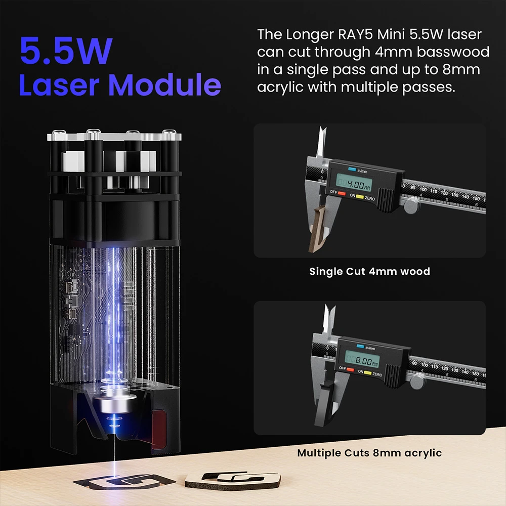 Graveur laser LONGER Ray5 Mini 5,5 W, point laser 0,08 × 0,08 mm, vitesse 12&nbsp;000 mm/min, zone de travail 130 × 130 mm, profondeur de coupe 8 mm, contrôle Wi-Fi/USB/application, compatible avec le bois, l'acrylique, le cuir, le métal et la céramique.