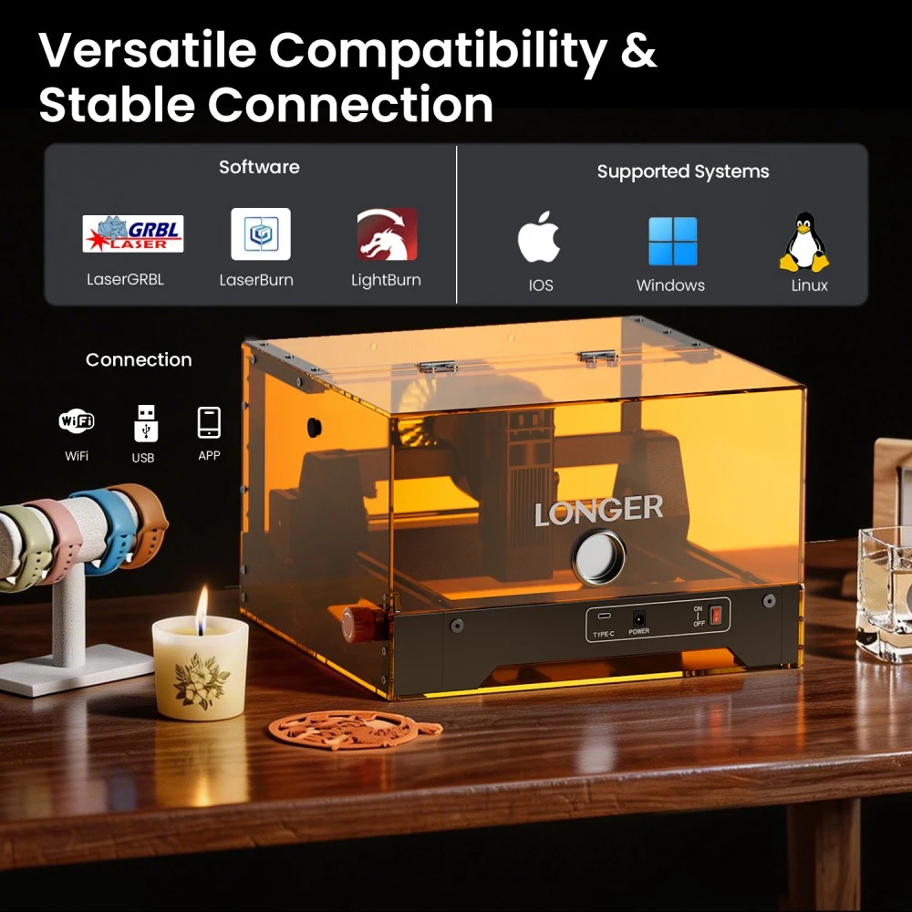 Graveur laser LONGER Ray5 MiniS 10W, boîtier fermé, classe de sécurité 1, précision de 0,1 mm, vitesse de 12 000 mm/min, zone de travail de 130 × 120 mm, profondeur de coupe de 20 mm, contrôle Wi-Fi/USB/application, compatible avec le bois, l'acrylique, le cuir, le métal et la céramique.