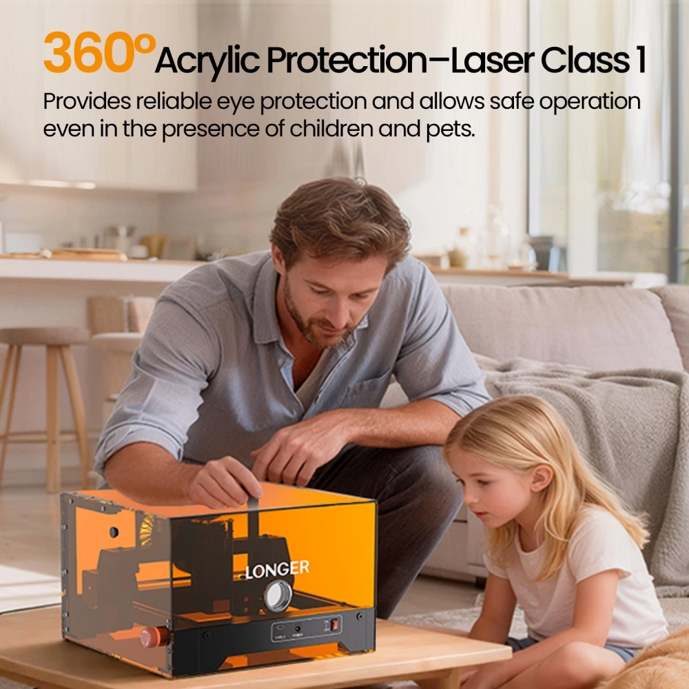 Graveur laser LONGER Ray5 MiniS 10W, boîtier fermé, classe de sécurité 1, précision de 0,1 mm, vitesse de 12 000 mm/min, zone de travail de 130 × 120 mm, profondeur de coupe de 20 mm, contrôle Wi-Fi/USB/application, compatible avec le bois, l'acrylique, le cuir, le métal et la céramique.