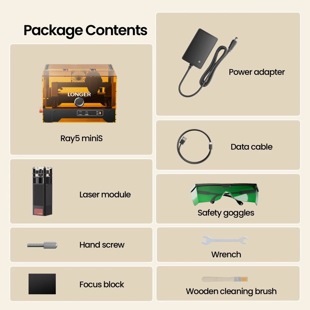 Graveur laser LONGER Ray5 MiniS 10W, boîtier fermé, classe de sécurité 1, précision de 0,1 mm, vitesse de 12 000 mm/min, zone de travail de 130 × 120 mm, profondeur de coupe de 20 mm, contrôle Wi-Fi/USB/application, compatible avec le bois, l'acrylique, le cuir, le métal et la céramique.