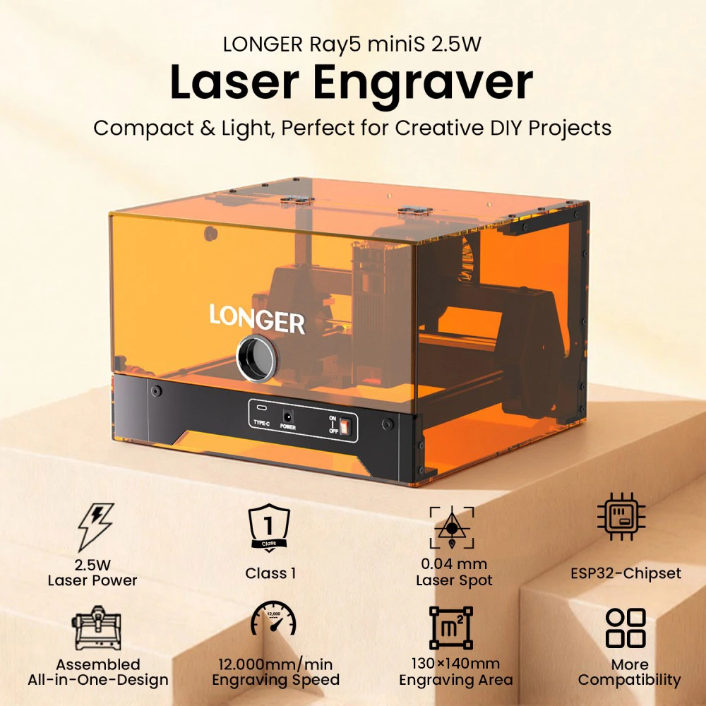 LONGER Ray5 MiniS 2.5W Graveur Laser Fermé, Précision de 0,04 mm, Vitesse de 12000 mm/min, Zone de Travail de 130×140 mm, Protection de Sécurité Classe 1, Contrôle WiFi/USB/Application, Compatible avec Bois/Acrylique/Cuir/Métal/Céramique