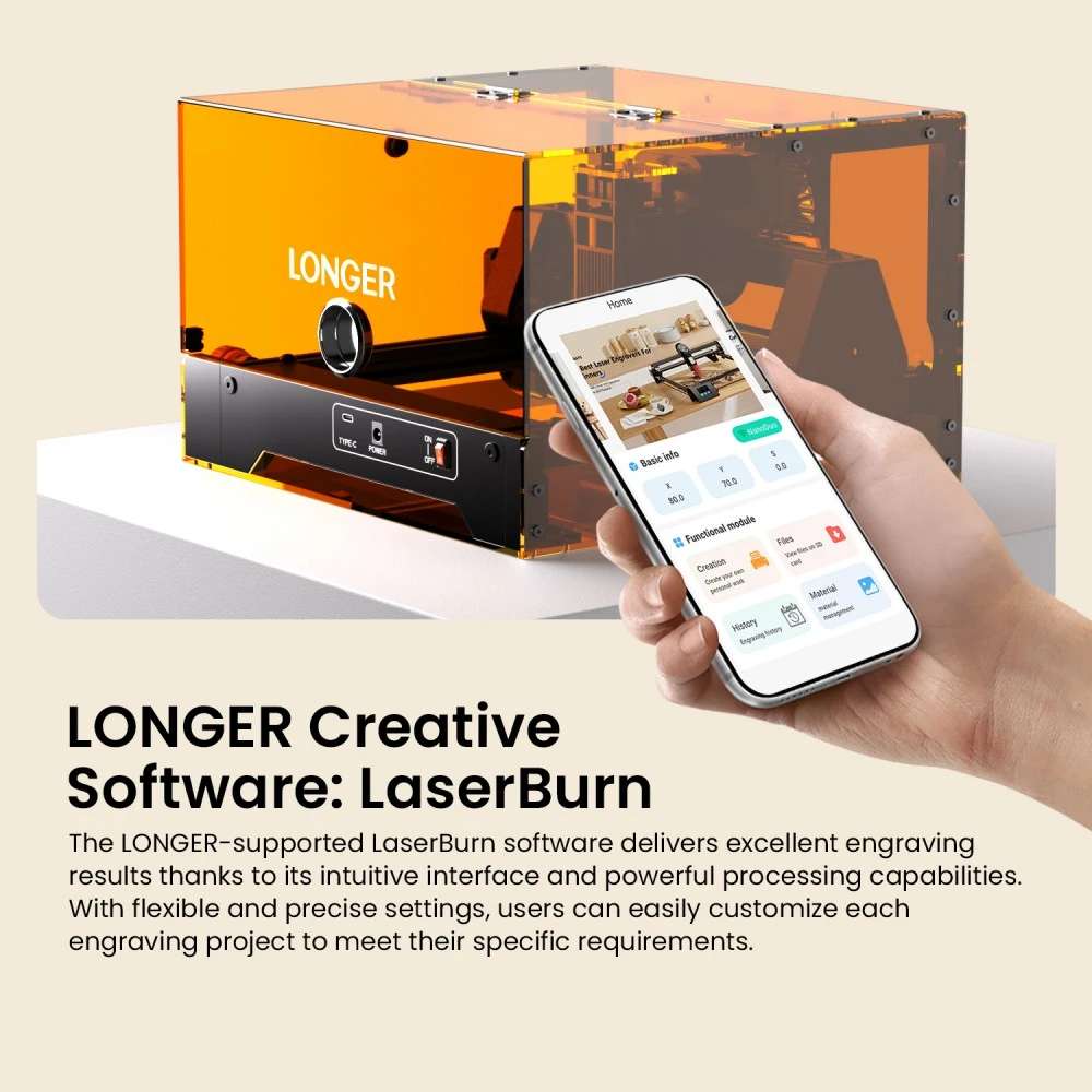 LONGER Ray5 MiniS 2.5W Graveur Laser Fermé, Précision de 0,04 mm, Vitesse de 12000 mm/min, Zone de Travail de 130×140 mm, Protection de Sécurité Classe 1, Contrôle WiFi/USB/Application, Compatible avec Bois/Acrylique/Cuir/Métal/Céramique