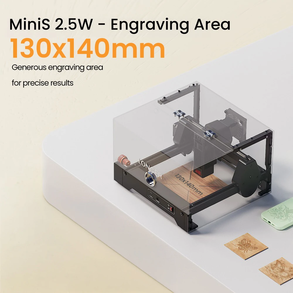 LONGER Ray5 MiniS 2.5W Graveur Laser Fermé, Précision de 0,04 mm, Vitesse de 12000 mm/min, Zone de Travail de 130×140 mm, Protection de Sécurité Classe 1, Contrôle WiFi/USB/Application, Compatible avec Bois/Acrylique/Cuir/Métal/Céramique