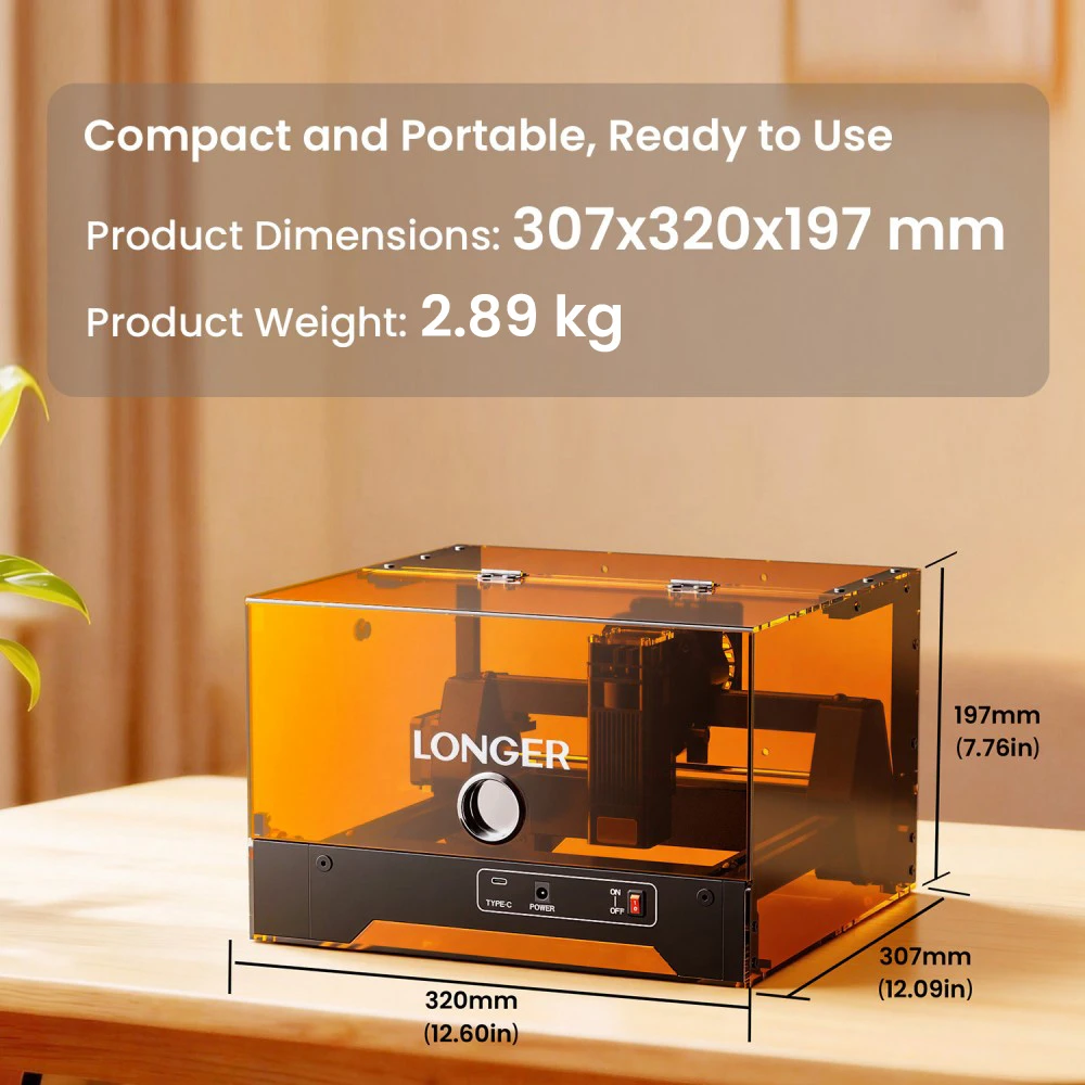 LONGER Ray5 MiniS 2.5W Graveur Laser Fermé, Précision de 0,04 mm, Vitesse de 12000 mm/min, Zone de Travail de 130×140 mm, Protection de Sécurité Classe 1, Contrôle WiFi/USB/Application, Compatible avec Bois/Acrylique/Cuir/Métal/Céramique