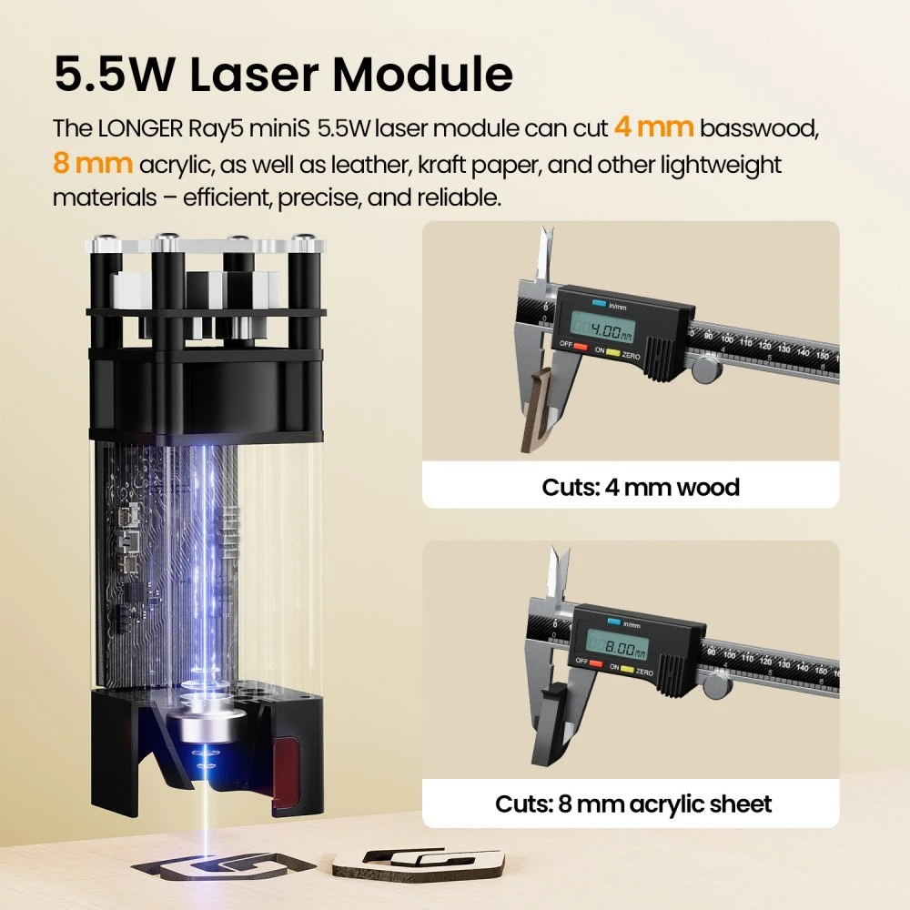 Graveur laser LONGER Ray5 MiniS 5,5 W, boîtier fermé, classe de sécurité 1, précision de 0,08 mm, vitesse de 12 000 mm/min, zone de travail de 130 × 120 mm, profondeur de coupe de 8 mm, contrôle Wi-Fi/USB/application, compatible avec le bois, l'acrylique, le cuir, le métal et la céramique.