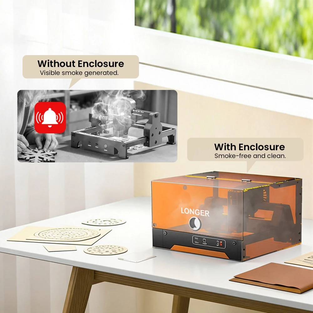 Graveur laser LONGER Ray5 MiniS 5,5 W, boîtier fermé, classe de sécurité 1, précision de 0,08 mm, vitesse de 12 000 mm/min, zone de travail de 130 × 120 mm, profondeur de coupe de 8 mm, contrôle Wi-Fi/USB/application, compatible avec le bois, l'acrylique, le cuir, le métal et la céramique.