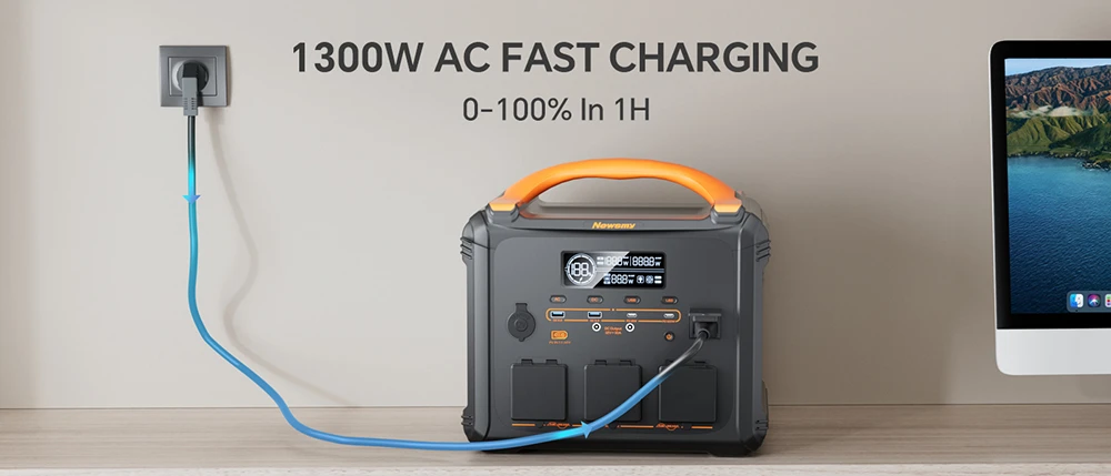 Station d'alimentation portable NEWSMY S1210 2000 W, puissance de crête de 3000 W, batterie LiMnFePO₄ de 1102,5 Wh, charge rapide CA de 1300 W, générateur solaire MPPT, 3 sorties CA, USB-C et CC pour l'alimentation de secours à domicile, le camping et les installations hors réseau.