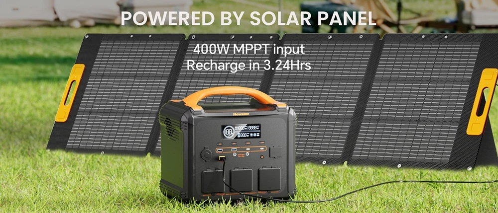 Station d'alimentation portable NEWSMY S1210 2000 W, puissance de crête de 3000 W, batterie LiMnFePO₄ de 1102,5 Wh, charge rapide CA de 1300 W, générateur solaire MPPT, 3 sorties CA, USB-C et CC pour l'alimentation de secours à domicile, le camping et les installations hors réseau.
