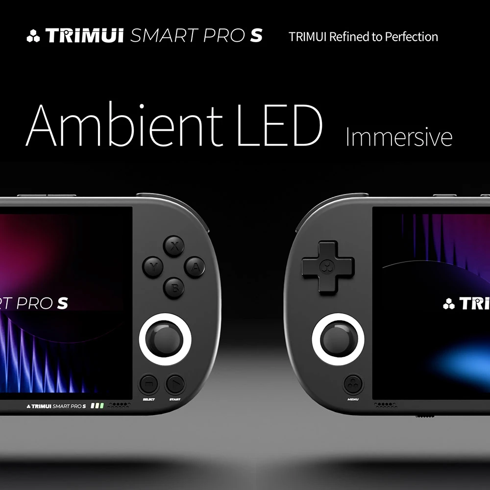 Trimui Smart Pro S – Kézi játékkonzol oldalnézetből, csatlakozókkal