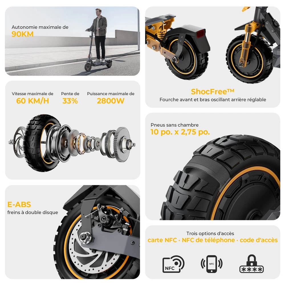 Ausom K20 Pro Trottinette Électrique Double Moteur, Moteur 1000W*2, Batterie 48V 18Ah, Pneus 10 pouces, Vitesse Maximale 60km/h, Autonomie 90km, Freins à Disque Avant & Arrière, Double Suspension Avant, Déverrouillage NFC